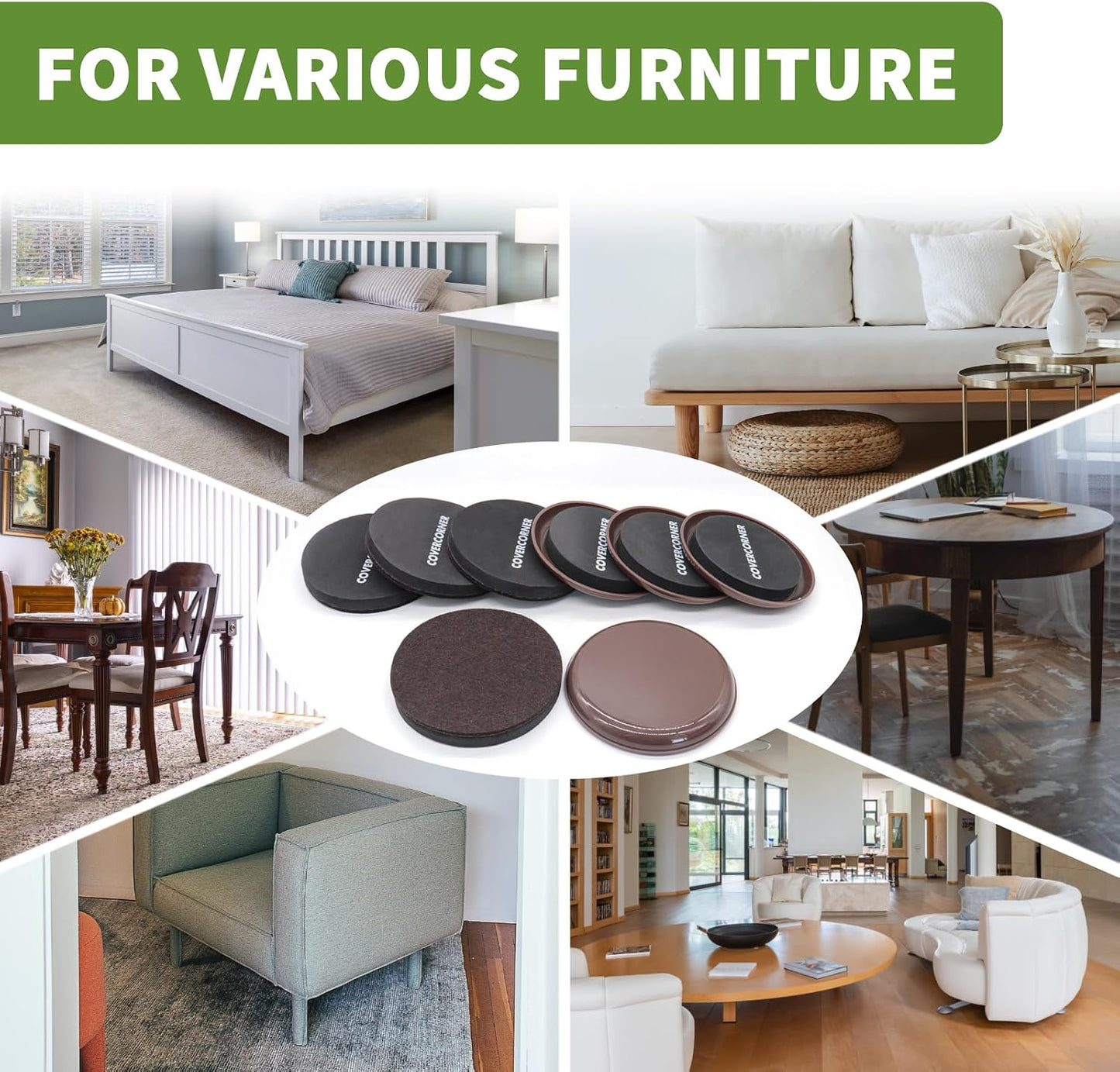 Furniture Sliders for Carpet and Hardwood, 8 PCS 3 1/2", Brown | Furniture Sliders for Hardwood Floors, Sliders for Moving Furniture, Furniture Movers Sliders, Combo Pack, Square