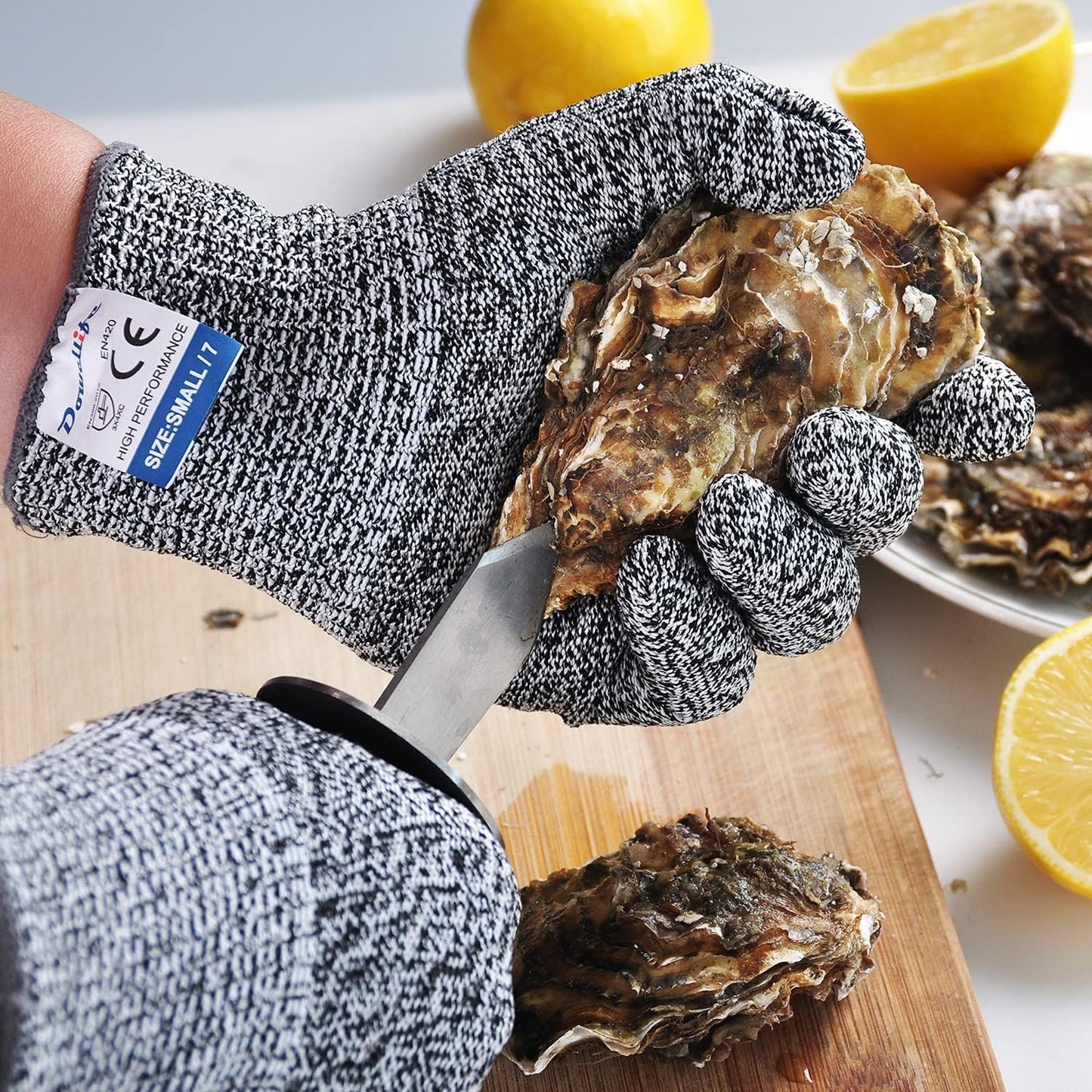 Dowellife 12 Pairs Cut Resistant Gloves Food Grade Level 5 Protection, Safety Kitchen Cuts Gloves for Mandolin Slicing, Fish Fillet, Oyster Shucking, Meat Cutting and Wood Carving (Black Gray, Large)