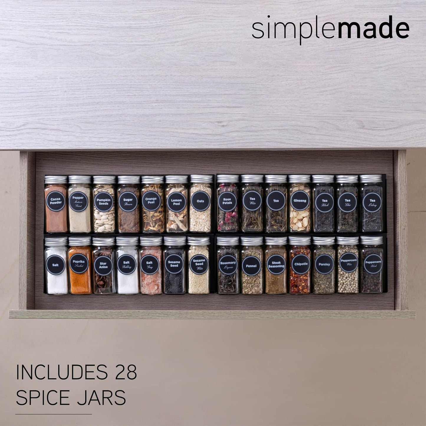SIMPLEMADE-Spice Drawer Organizer, Spice Rack Drawer for Kitchen, 4 Tier Black Drawer Spice Organizer with 28 Jars and labels with a pen, Silicone Funnel, 13" by 17.5"