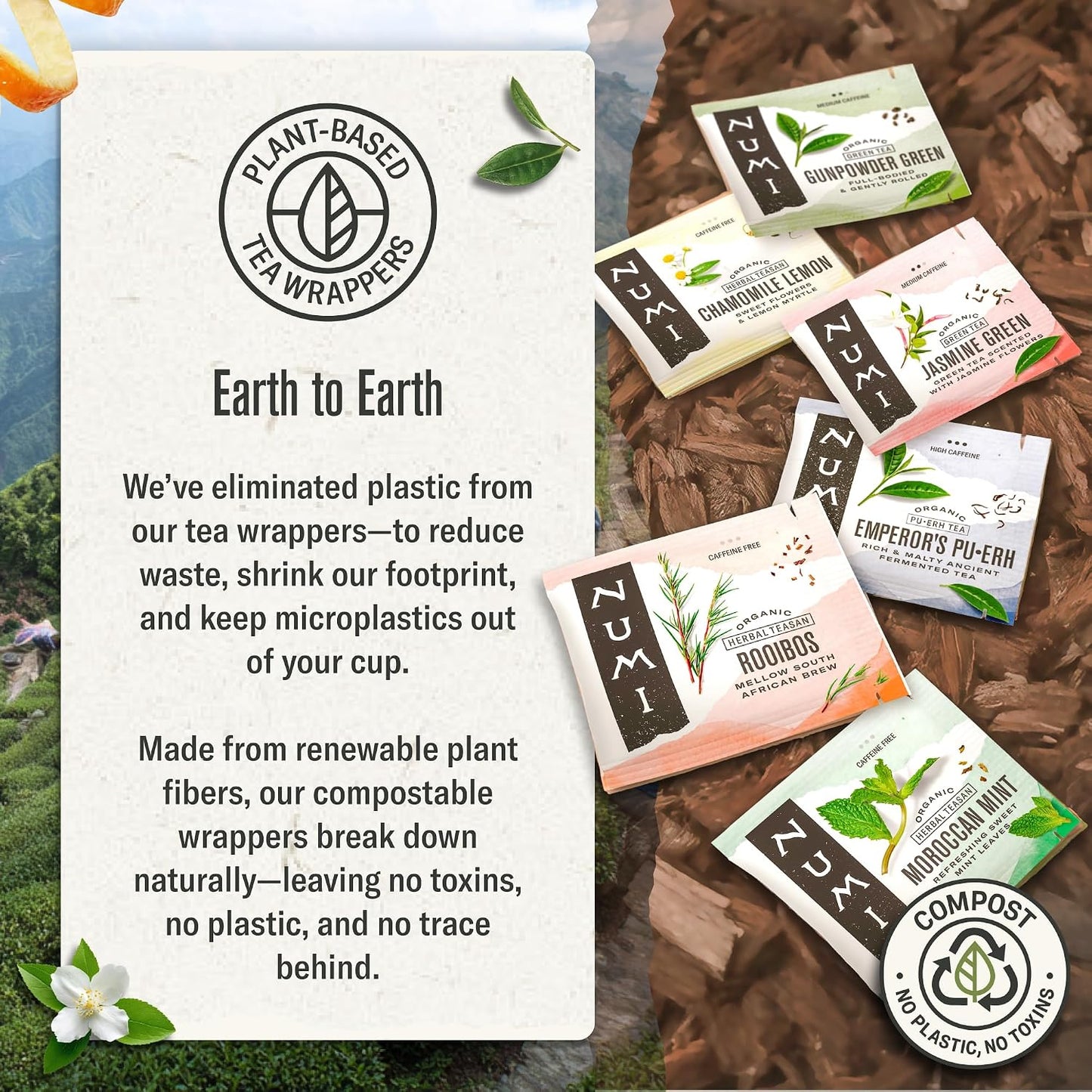 Numi Organic Rooibos Chai Tea, 18 Herbal Bags, Microplastic Free, Rich Flavor with Cinnamon, Allspice & Ginger, Caffeine Free