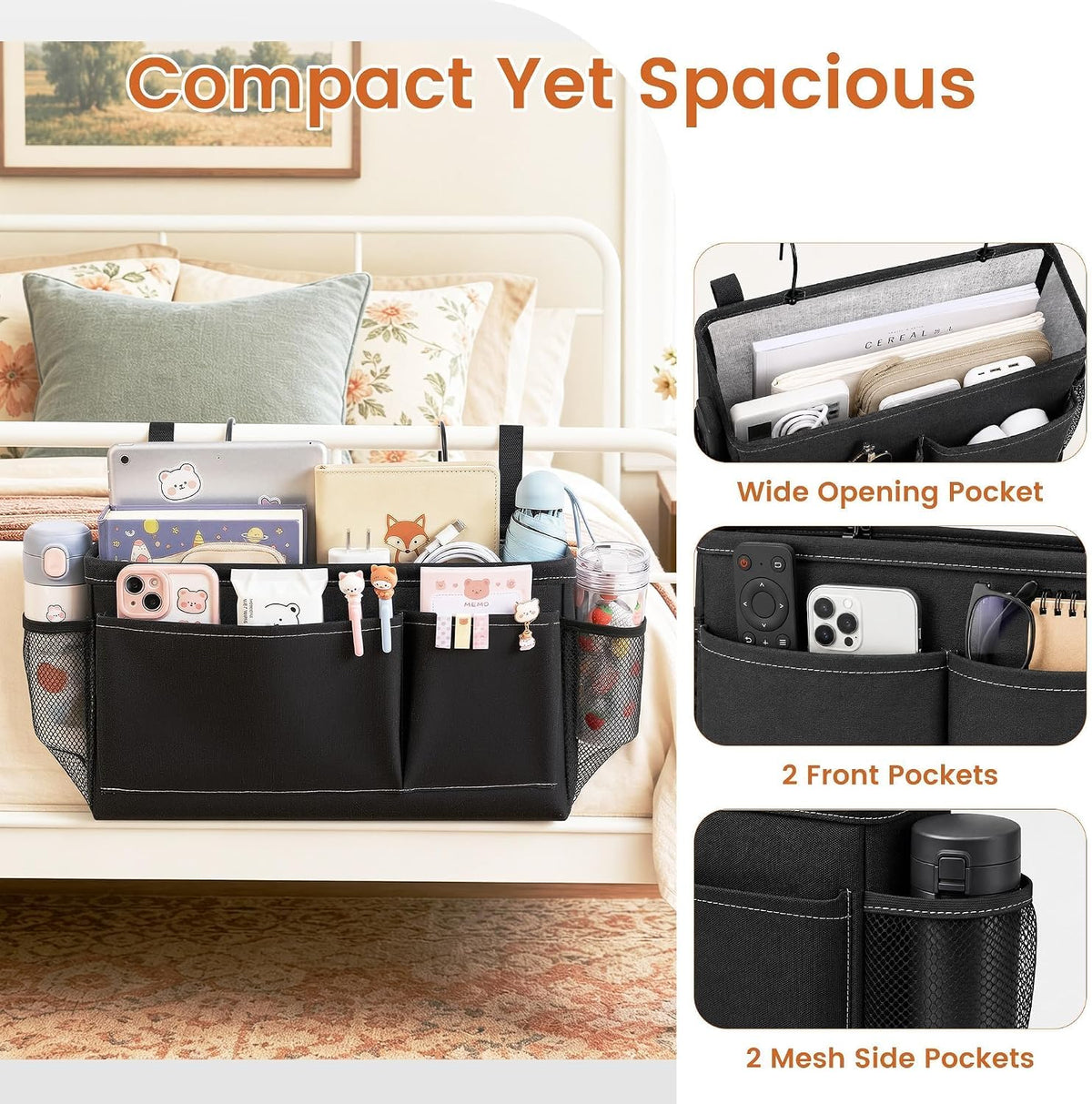 Fab totes Bedside Caddy for Dorm Bed, Bedside Storage Bag Hanging Organizer