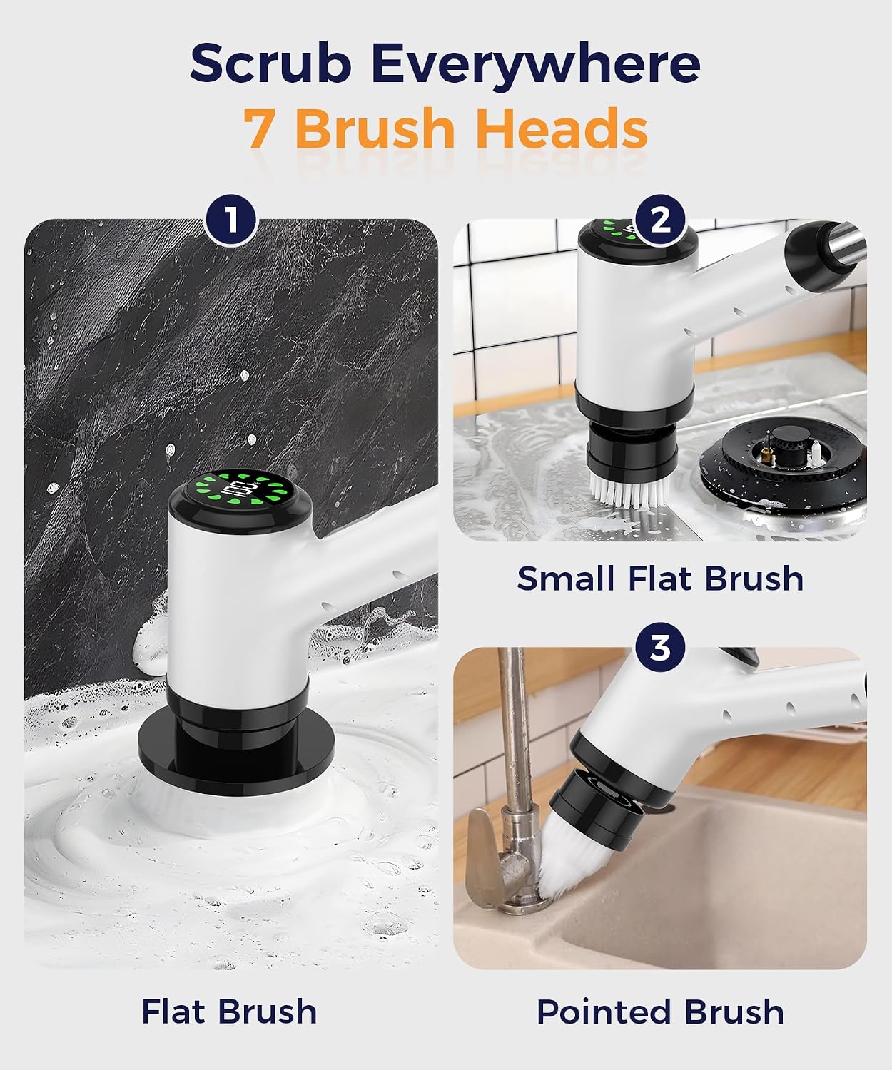 Cordless Electric Spin Scrubber, 8-in-1 Bathroom Cleaner | Bathroom scrubber, LED display, dual speeds, IPX7 waterproof, interchangeable heads for grout, tub, shower, wet-dry vacuum