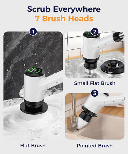 Cordless Electric Spin Scrubber, 8-in-1 Bathroom Cleaner | Bathroom scrubber, LED display, dual speeds, IPX7 waterproof, interchangeable heads for grout, tub, shower, wet-dry vacuum