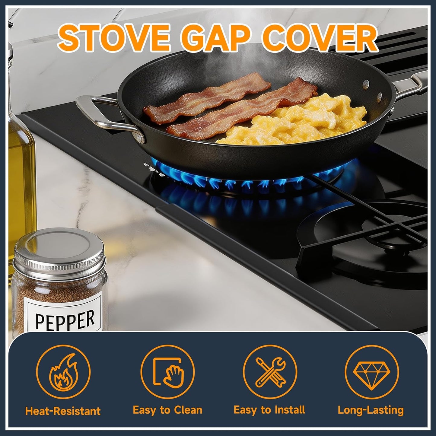 Stove Gap Covers Stainless Steel, Stove Gap Filler Between Stoves and Counter Guard, Heat Resistant Oven Side Gap Filler, Kitchen Range Trim Kit, Retractable Length 13.8" to 27.5" Black-2 Pack