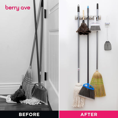 Broom Holder Wall Mount, Broom and Mop Organizer Wall Hanging Rack & Hanger | (Black) Broom Hanger Wall Mount, Mop and Broom Holder Wall Mount, Mop Holder, Hanger for Brooms and Mops, 5 Slots 6 Hooks