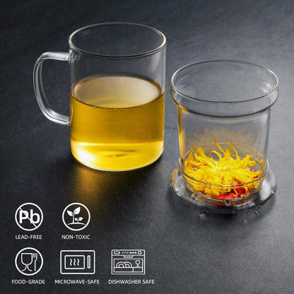 Glass Tea Infuser Cup with Lids and Handle for Blooming & Loose Leaf, 14oz | Borosilicate, Heat Resistance, Lead-free, Microwave & Dishwasher Safe