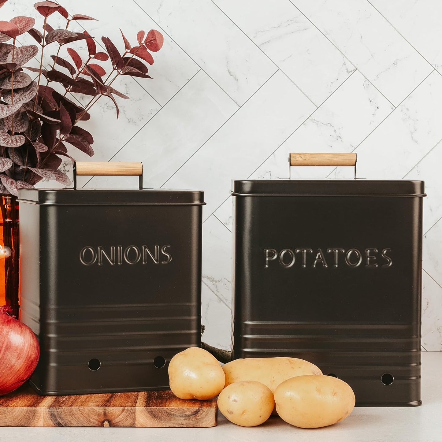 Beautiful Potato and Onion Storage Container Set - Food Safe Metal Bins | Spacious 10.1" and 8.9" Canisters for Your Kitchen Counter or Pantry - Keeps Produce Fresh Longer