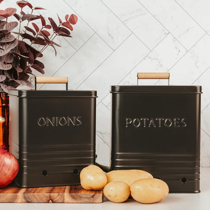 Beautiful Potato and Onion Storage Container Set - Food Safe Metal Bins | Spacious 10.1" and 8.9" Canisters for Your Kitchen Counter or Pantry - Keeps Produce Fresh Longer