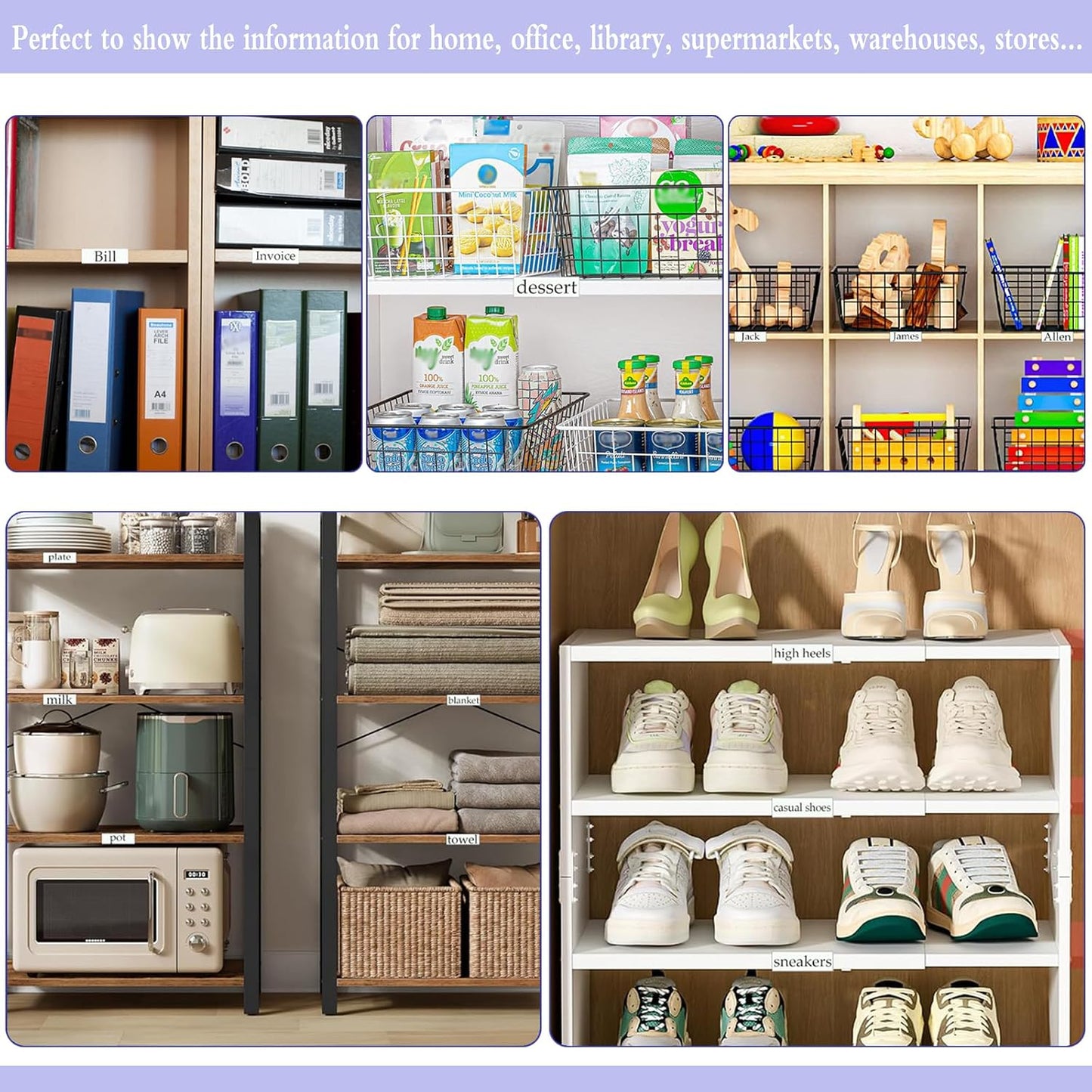 Shelf Label Holder, ELEMGULY 50 Pack Wood Shelf Label Holders Plastic Shelf Label Clip Clear Shelf Sign with 50 Pack Label Inserts for Home Office Library Shelves