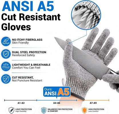 Safe & Savvy Cut Resistant Gloves Food Grade, ANSI A5 Kitchen Safety Gloves for Meat Cutting, Mandoline Slicer, Oyster Shucking, Wood Carving, Fish Fillet & Butcher, Grey (Medium)