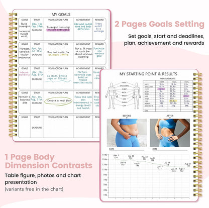 Fitness & Food Journal for Women, Undated 150-day Workout & Wellness Planner with Measuring Tape, Pink Weight Loss Journal for Setting Goals Tracking Exercise Training Diet Progress (9.5’’*7’’)
