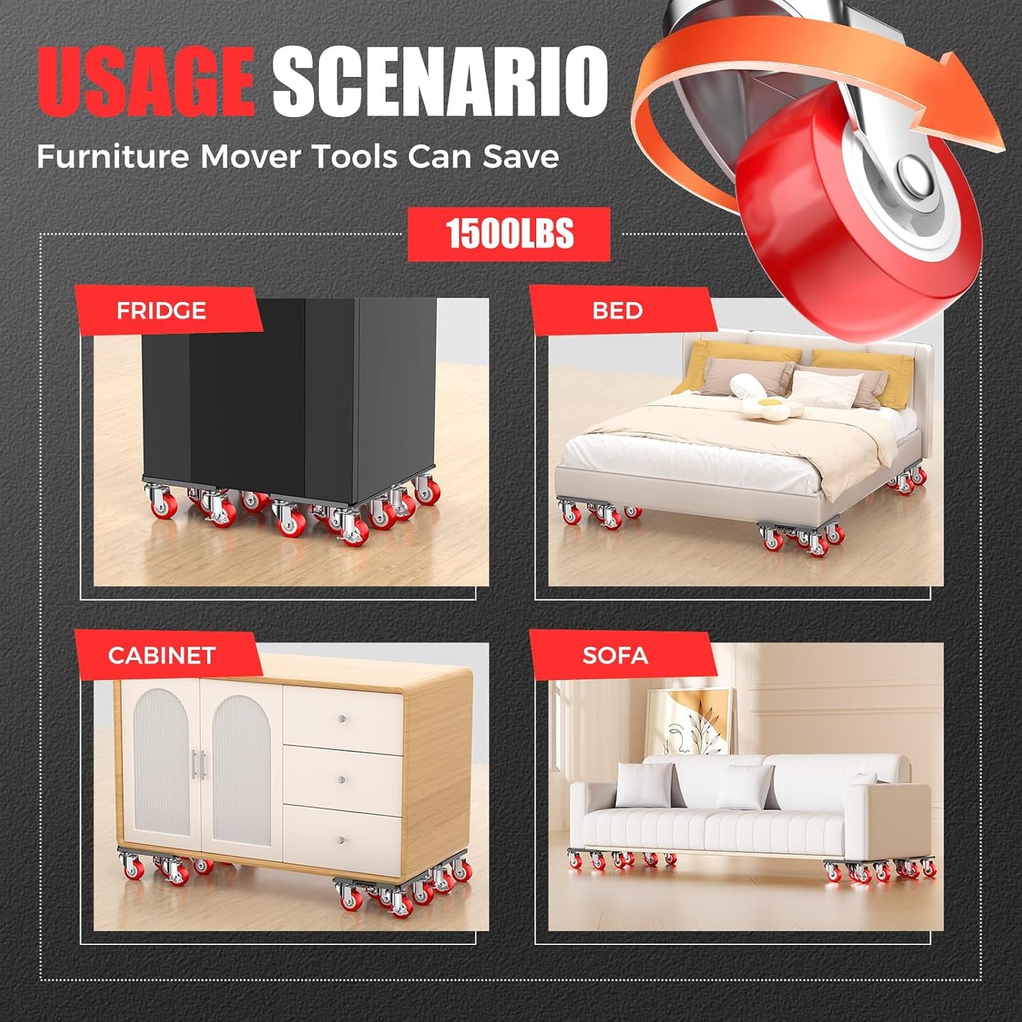 Kavlium Heavy Duty Furniture Dolly,5-Wheel Furniture Movers,5.3 Inch | Carbon Steel Dolly with Lifter Tool and 360° Casters for Moving Sofas,Refrigerators,Cabinets and Other Heavy Furniture.