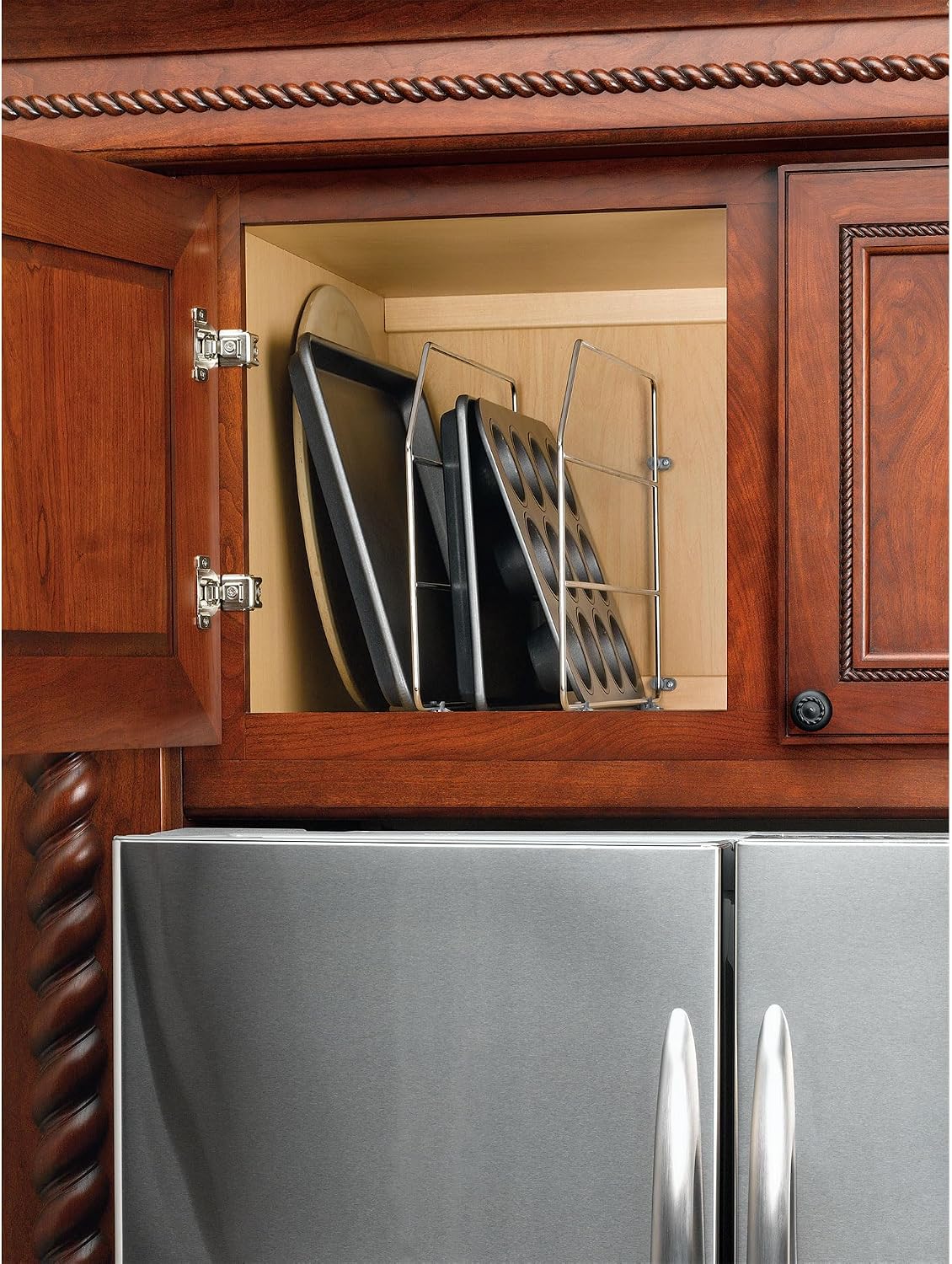 Rev-A-Shelf 12" Bakeware and Tray Divider for Wall/Base Cabinets, Chrome | Baking & Cookie Sheet Organizer, Min Opening Width of 3", 597-12CR-2-1