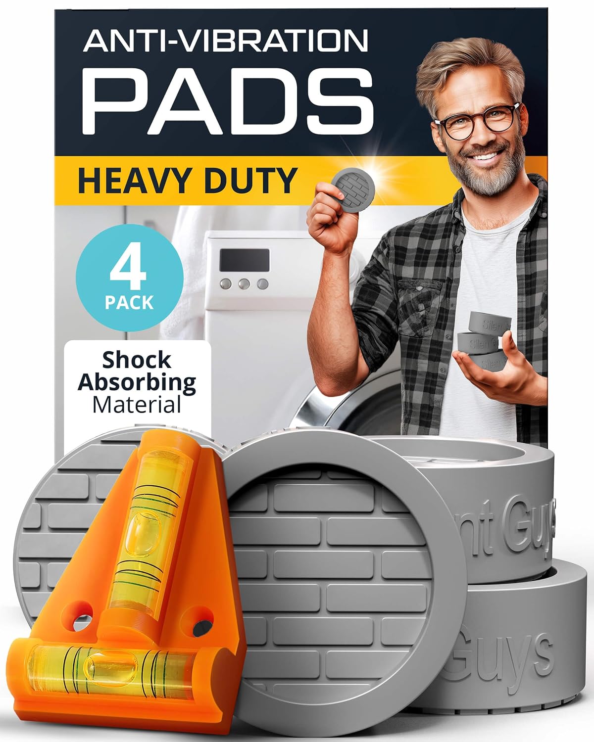 Heavy Duty Anti Vibration Pads for Washing Machine, Grey 4 Pack Washer Feet | Works as washer & dryer leveling pads or anti vibration mat. Universal fit up to 2.36in feet, reduces shaking & noise.