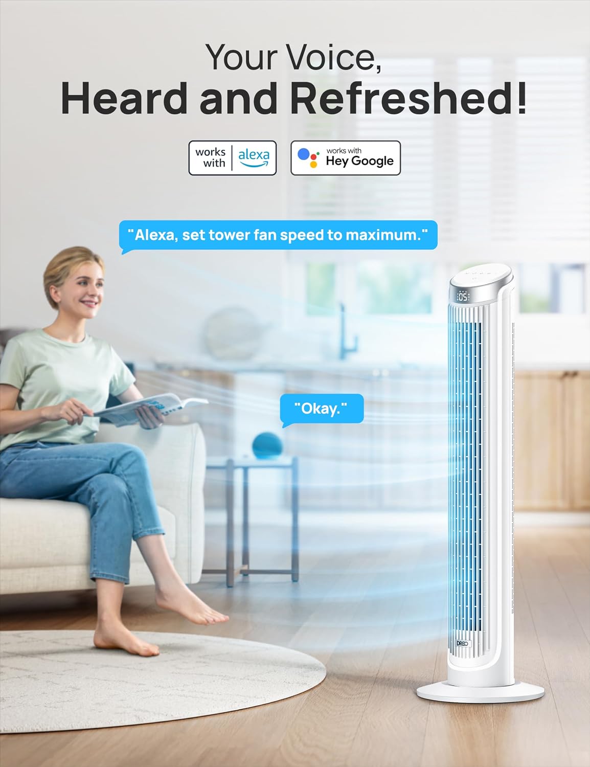 DREO Smart Tower Fan for Bedroom, 90° Oscillating Fan, 26ft/s Wind, 28dB