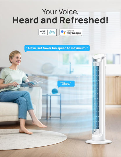 DREO Smart Tower Fan for Bedroom, 90° Oscillating Fan, 26ft/s Wind, 28dB