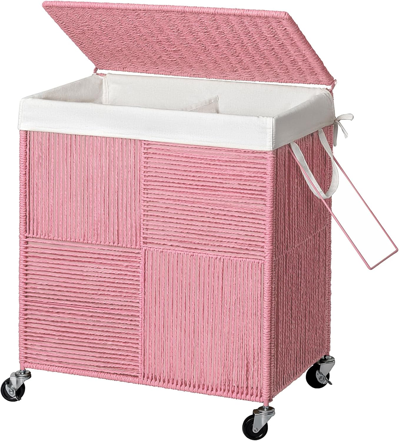WOWLIVE Double Laundry Hamper with Wheels, Handwoven Rolling Laundry Basket | 115L Dirty Clothes Hamper with Lid, Removable Liner Bag, Large Capacity Laundry Sorter Laundry Room Organization, Green