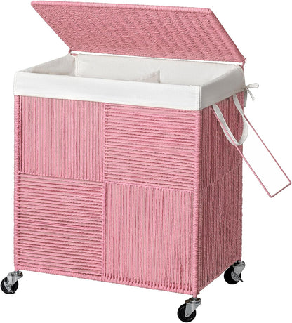 WOWLIVE Double Laundry Hamper with Wheels, Handwoven Rolling Laundry Basket | 115L Dirty Clothes Hamper with Lid, Removable Liner Bag, Large Capacity Laundry Sorter Laundry Room Organization, Green