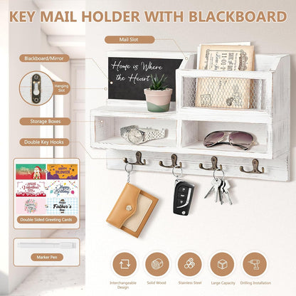 Key Holder Wall Mount, Wooden Mail and Key Organizer, Brown | Rustic Farmhouse Style, 4 Double Hooks, Includes 2 Storage Box, Small Shelf, Mail Slot, for Entryway, Doorway, Hallway, RV