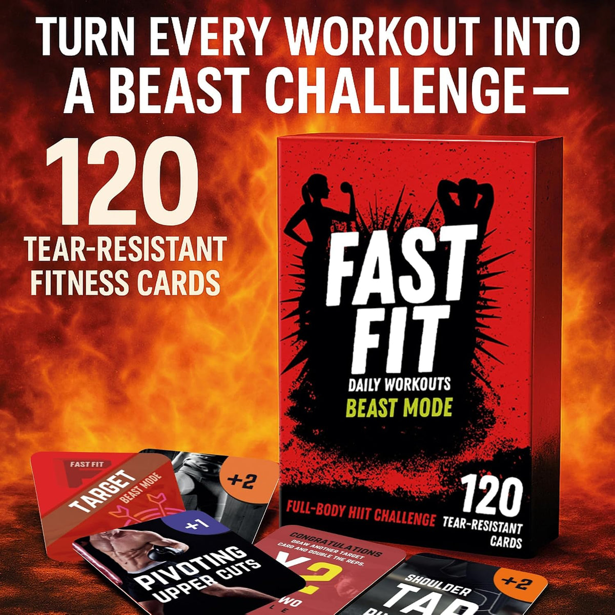 Fast Fit Beast Mode Workout Cards - 120 Tear Resistant HIIT Fitness Deck