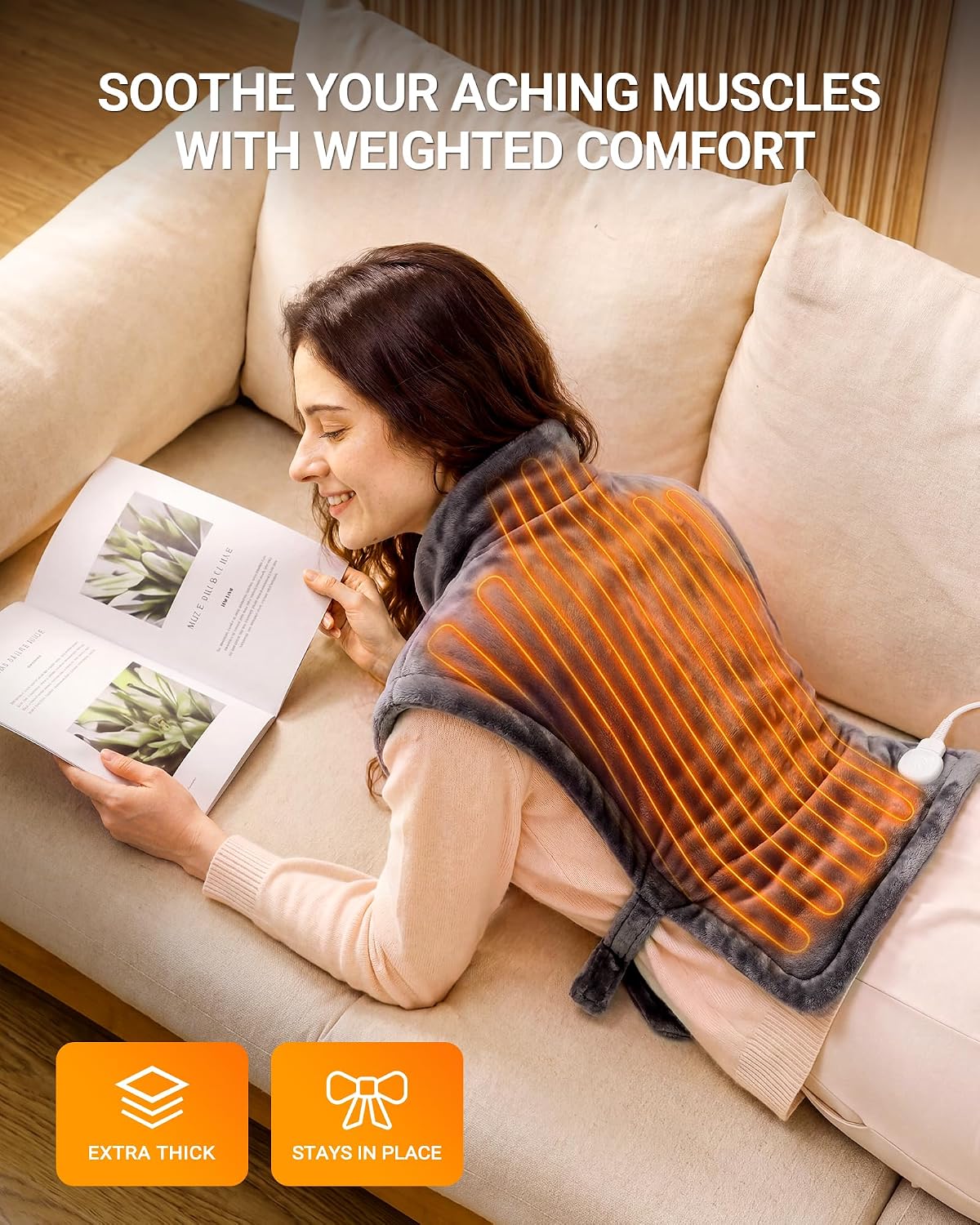 Electric Heating Pad for Neck Shoulder: Heated Wrap for Back Pain Relief, 6 Heat Levels, Weighted Heat pad 33x24in - Auto Shut-Off, ETL Safety Certified, Flannel Gifts for Women Men