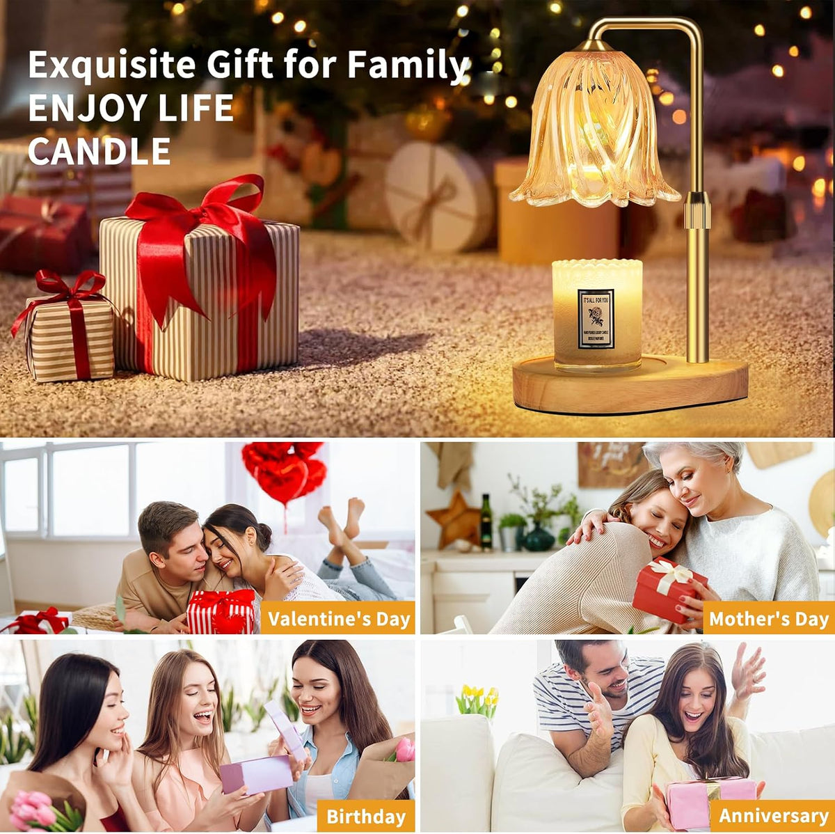 Candle Warmer Lamp with Timer Dimmable: Birthday Gifts for Women Adjustable Height Candles Light Warmers Lamps Gold Crystal Candle Warmer, House Warming Gift New Home Decor, for Women