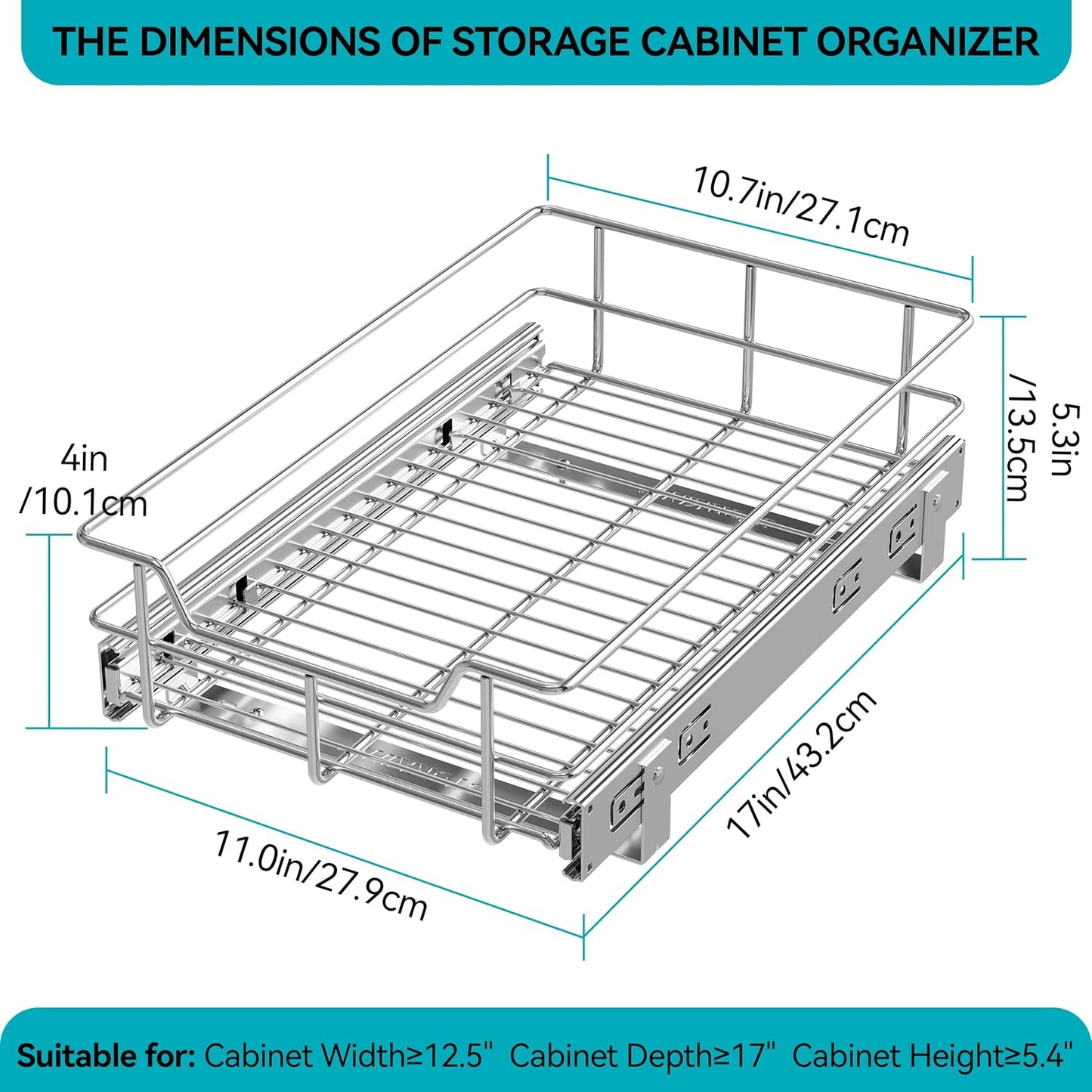 Pull Out Cabinet Organizer 15" W X 22" D, Chromed, Full Slide Out Drawers | For Kitchen Organizers and Storage, Pull Out Drawers For Cabinets Capacity Heavy Duty Caddy, Cabinet Shelves, Bathroom Pantry