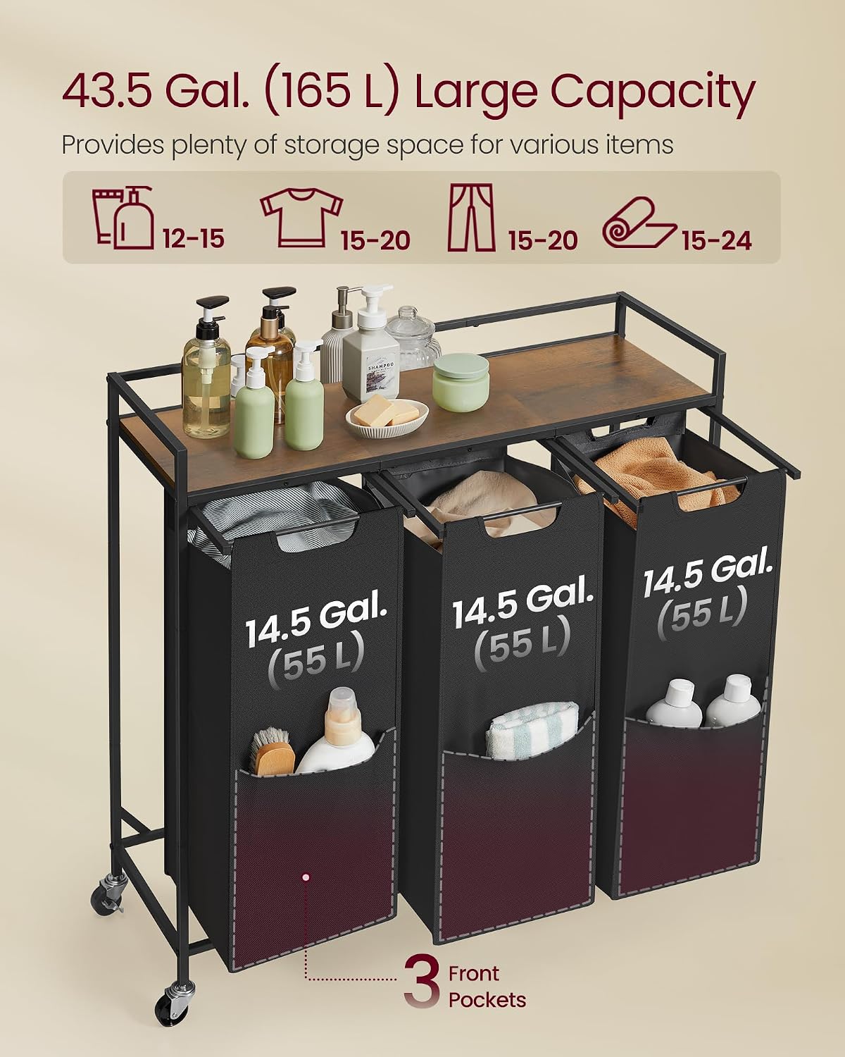 VASAGLE Laundry Sorter, 29 Gal. (110 L) Laundry Hamper Basket with 2 Compartments, Rolling Cart with Wheels, Shelf, Removable Bags, Pockets, Ink Black and Rustic Brown UBLH021B01