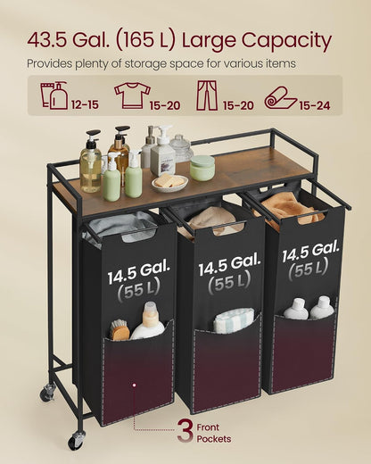 VASAGLE Laundry Sorter, 29 Gal. (110 L) Laundry Hamper Basket with 2 Compartments, Rolling Cart with Wheels, Shelf, Removable Bags, Pockets, Ink Black and Rustic Brown UBLH021B01