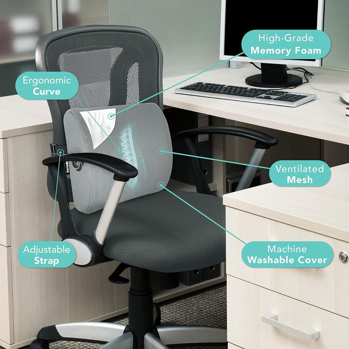 Samsonite Lumbar Support Pillow for Office Chair, Lower Back Support for Car, Back Pillow Desk Chair Cushion with Memory Foam, Improved Posture Backrest