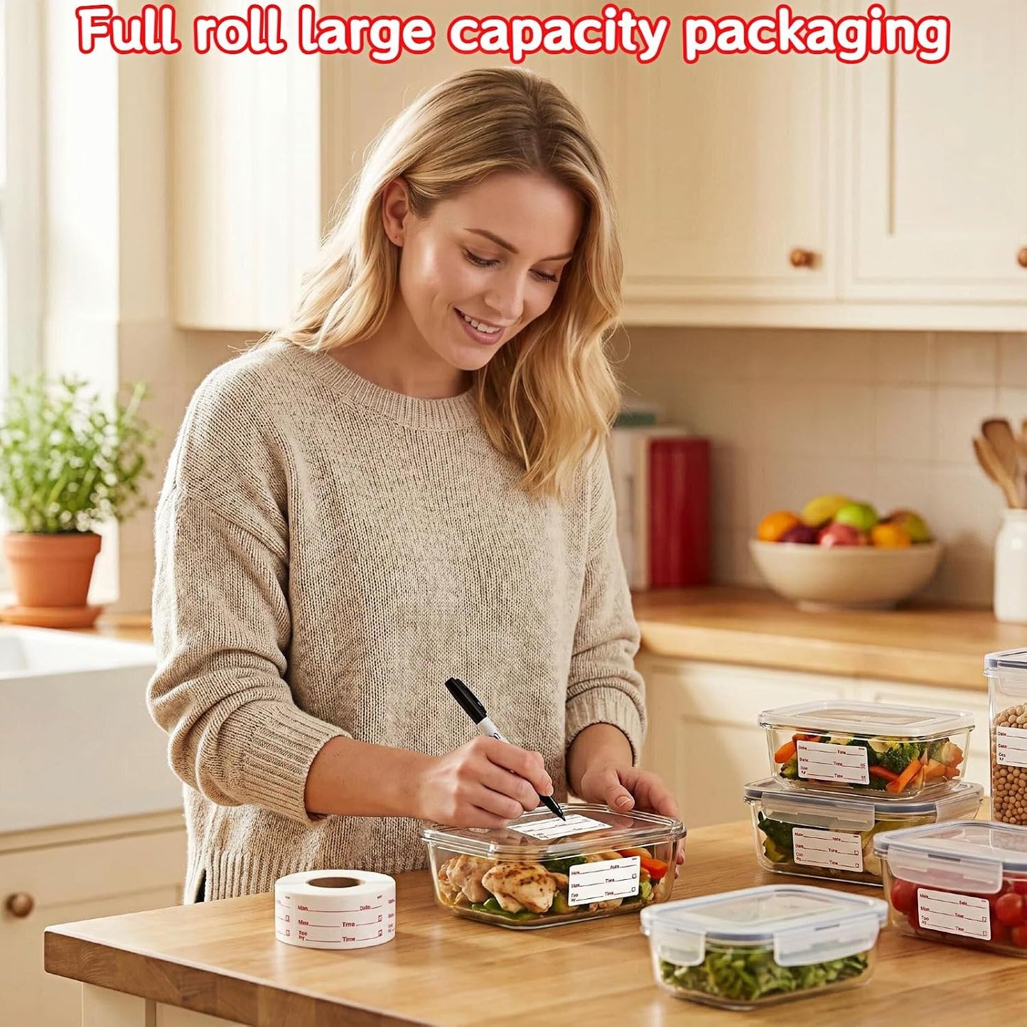 Food Storage Labels, 500 Per Roll, 1.97x0.98 Inch, Waterproof and Oil-Proof, Writable Date Stickers for Kitchen, Restaurant, Freezer Containers