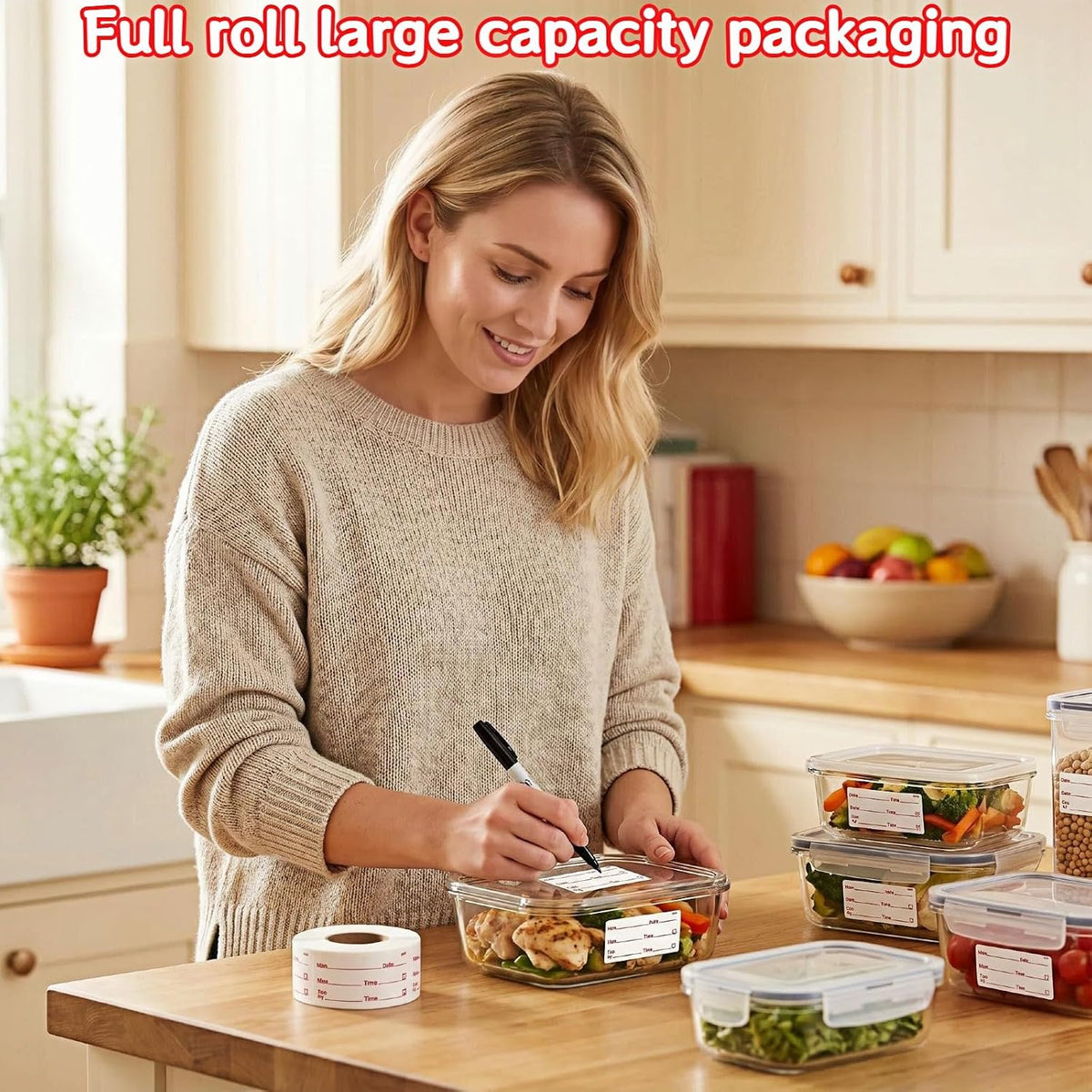 Food Storage Labels, 500 Per Roll, 1.97x0.98 Inch, Waterproof and Oil-Proof, Writable Date Stickers for Kitchen, Restaurant, Freezer Containers
