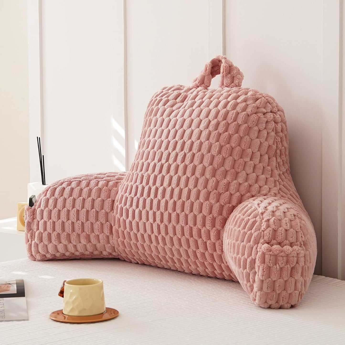 Large Reading Pillow for Adults, Back Support Pillow for Sitting Up in Bed with Arms, Couch for Lounging Bedrest, Pink