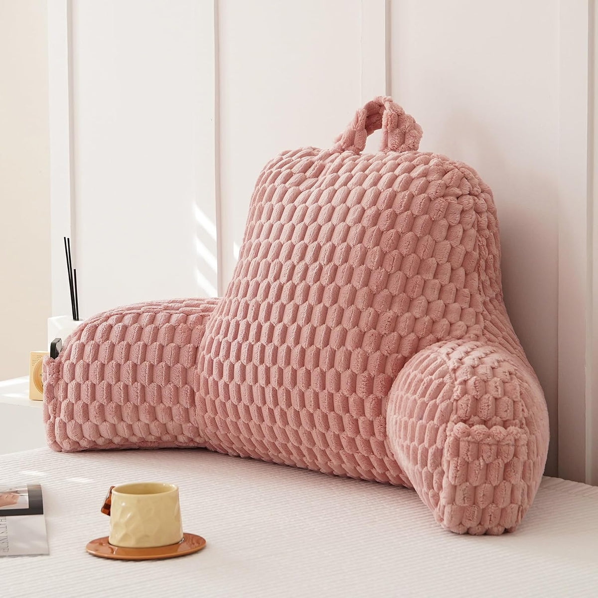 Large Reading Pillow for Adults, Back Support Pillow for Sitting Up in Bed with Arms, Couch for Lounging Bedrest, Pink