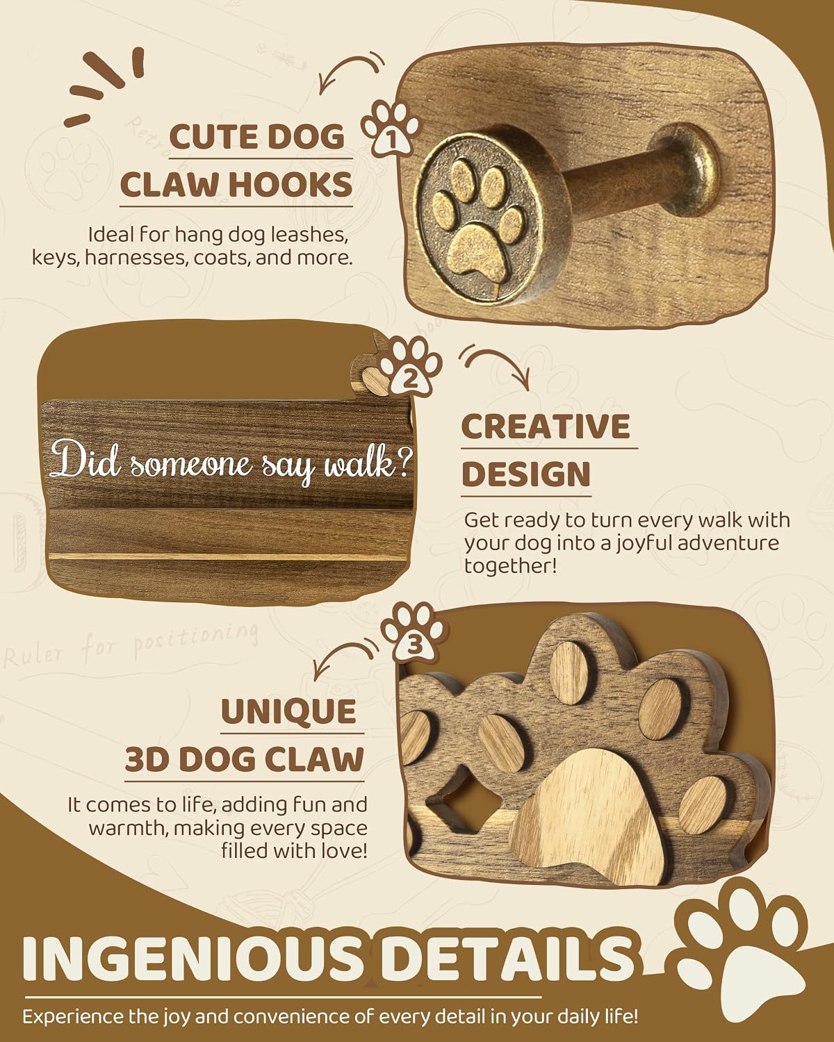 MTERSN Cute Dog Leash Holder for Wall for Pet Station Organizer, Brown