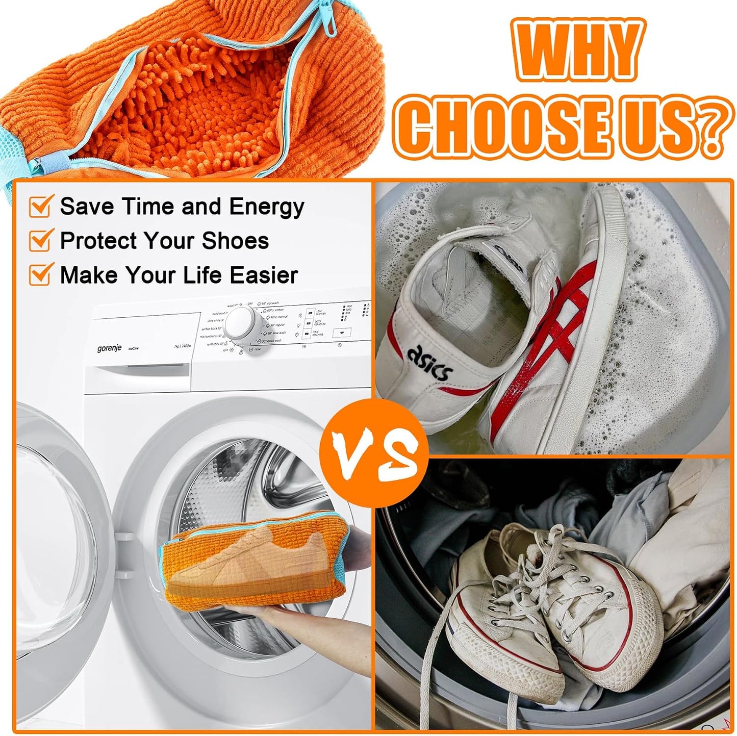 Shoe Washing Machine Bag: Shoes Come Out Clean & Protected during Washing | 2PC Laundry Shoe Bag for Washer and Dryer, Auto-Lock Zipper, Chenille Microfiber Lining, 17 x 7.5 inch, Durable, Yellow