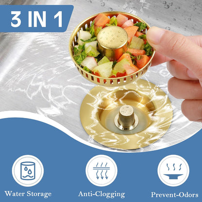 TGOSOMT Kitchen Sink Drain Strainer Stopper, Anti-Clog & Quick Drain | 3-IN-1 Design, Stainless Steel 304, Removable Strainer Basket, Corrosion & Scratch Resistant, Fits US Standard 3-1/2" Drain