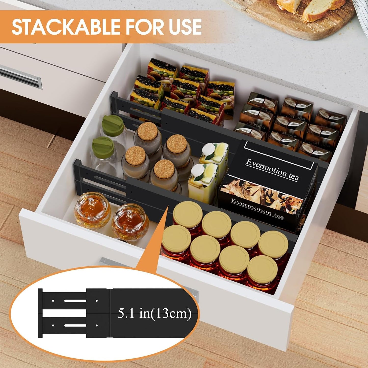 Bamboo Drawer Dividers, Adjustable Drawer Organizers, Fits 12.6–16" Drawers | 2.5" High, 4 Pack Expandable Drawer Separators for Kitchen, Nursery, Dressers & Office Storage, Natural