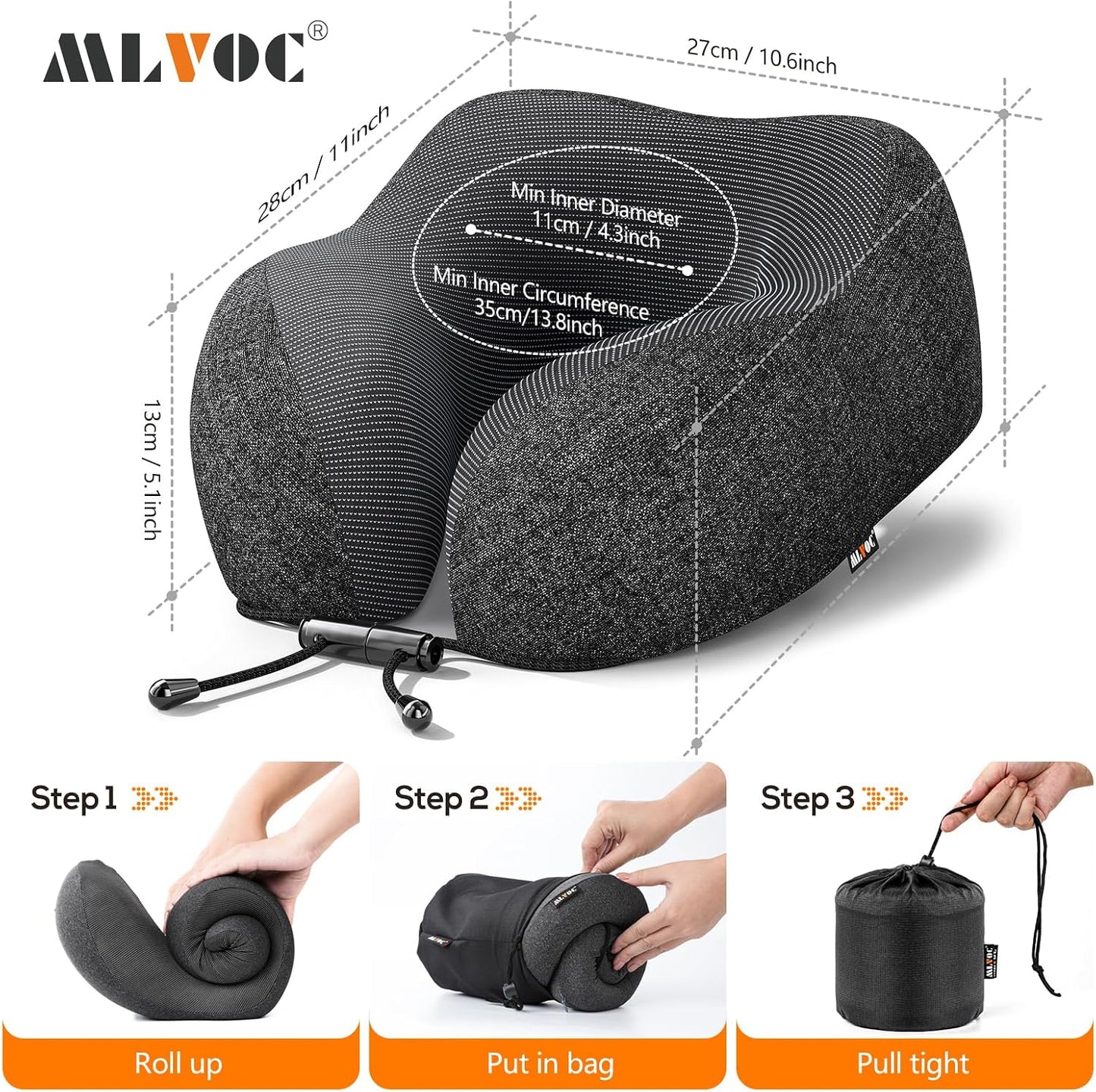 MLVOC Airplane Travel Neck Pillow for Sleeping, 3D-Eye Mask & Earplugs Kit | Curved Neck & Chin Support, Rope Lock Fit, Memory Foam Keeps It’s Shape, 3-in-1 Ki Includes: Eye Mask + Earplugs