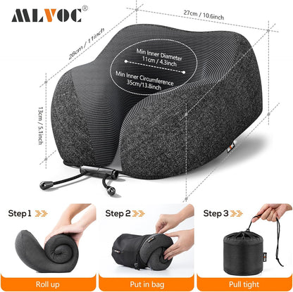 MLVOC Airplane Travel Neck Pillow for Sleeping, 3D-Eye Mask & Earplugs Kit | Curved Neck & Chin Support, Rope Lock Fit, Memory Foam Keeps It’s Shape, 3-in-1 Ki Includes: Eye Mask + Earplugs