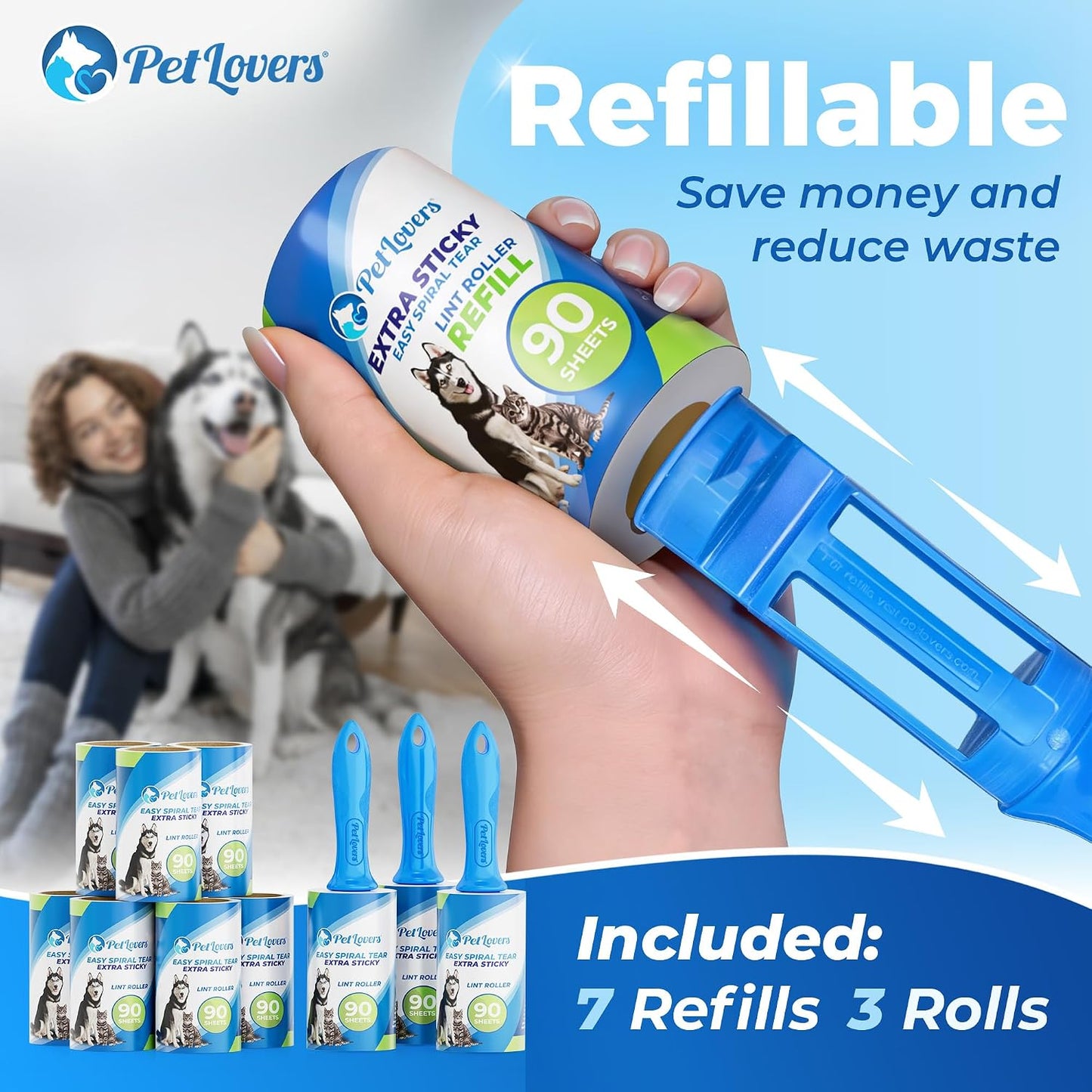 PetLovers Extra Sticky Lint Roller Mega Value Set 450 Sheets for Pet Hair Removal and Clothes, Dog and Cat Lint Remover 5 Pack