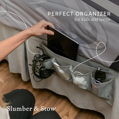 Houseify Slumber & Stow Hanging Bedside Caddy Organizer, 5 Pockets | Bed caddy, couch caddy, mesh storage for phones, tablets, remotes, books, glasses, bunk beds, RVs, dorm rooms, 10"x17.3"