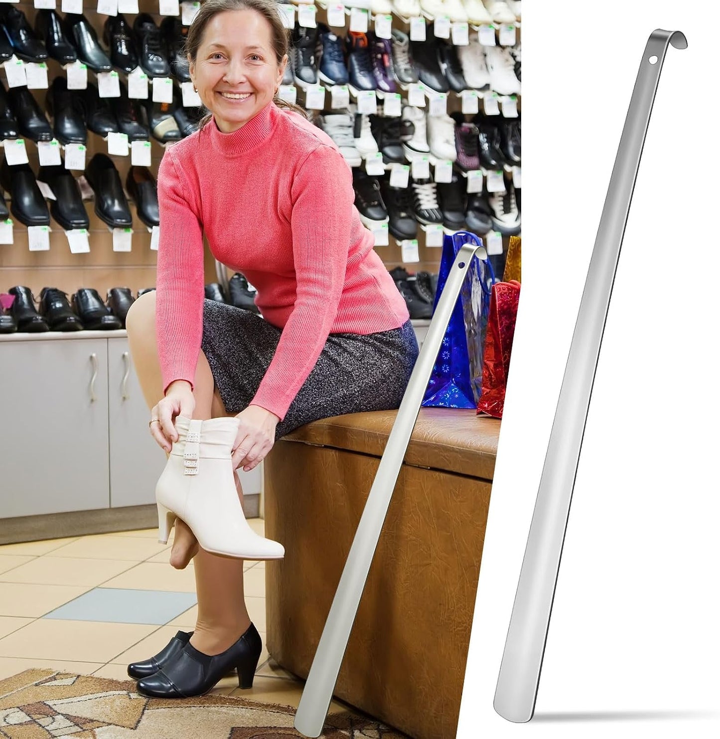 2 Pcs 31.5'' Extra Long Metal Shoe Horn for Elderly, Silver | Shoehorn Dressing Stick for Senior Disabled Men Women Limited Mobility, Standing Reach Assist, No Bending Needed