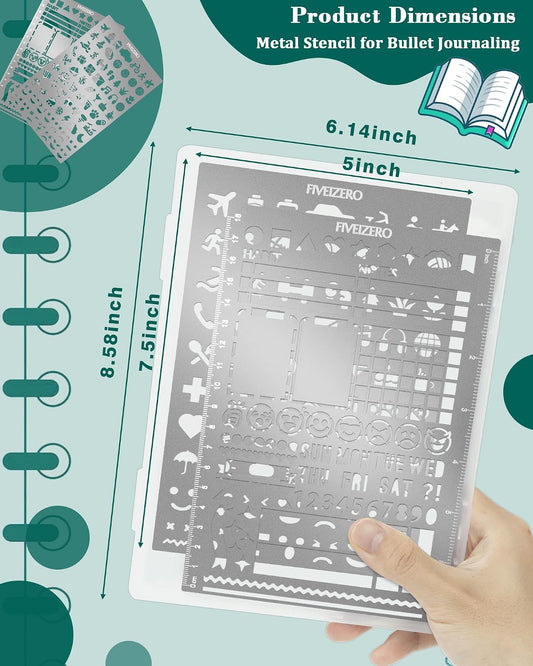5x7.5 Inch Metal Journal Stencils, Stainless Steel Stencil Bookmark for Bullet Journaling, Reusable Planner Stencils with Faces & Icons for Habit Tracker, Calendar, Diary, Banners, Lists, Scrapbooking