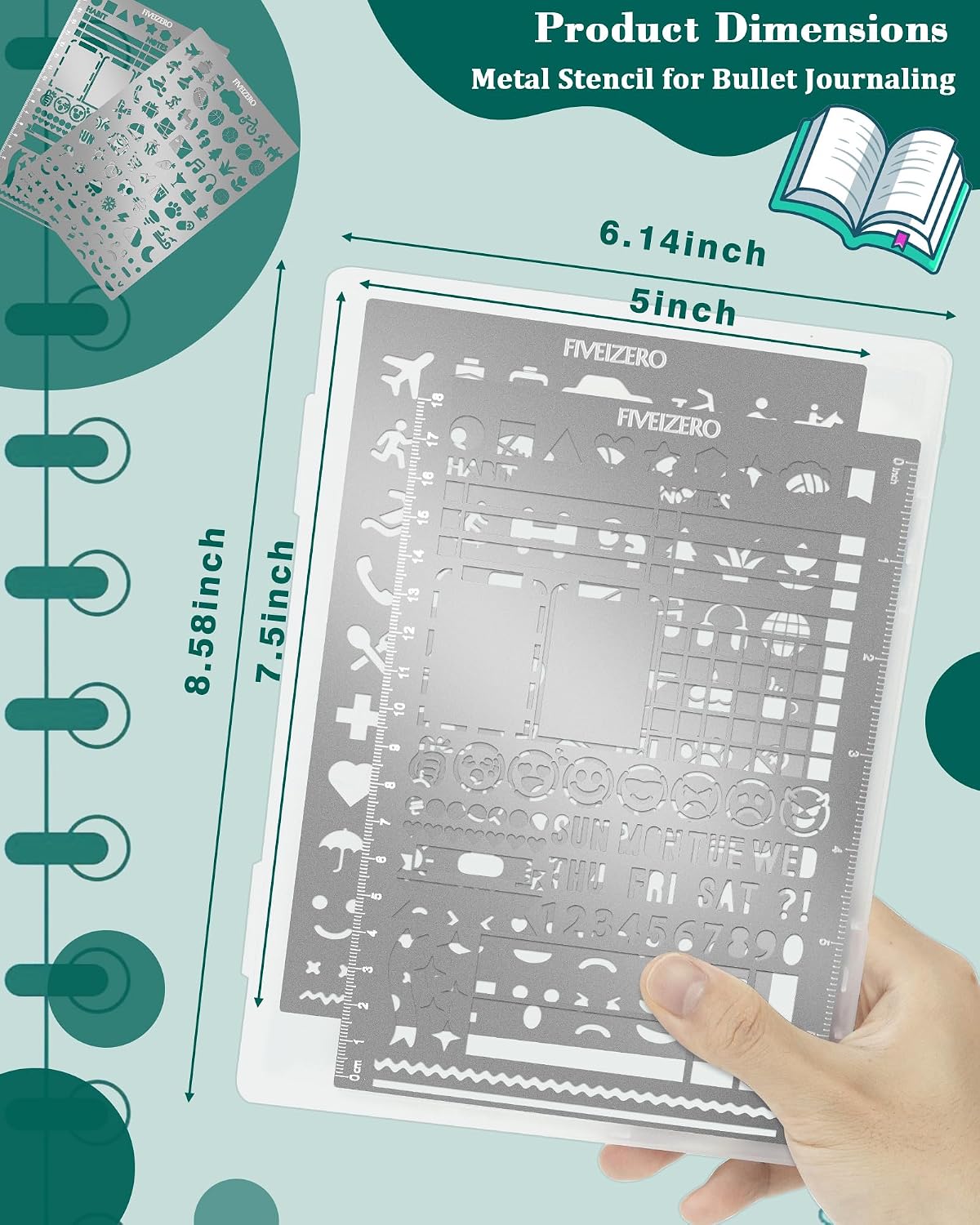 5x7.5 Inch Metal Journal Stencils, Stainless Steel Stencil Bookmark for Bullet Journaling, Reusable Planner Stencils with Faces & Icons for Habit Tracker, Calendar, Diary, Banners, Lists, Scrapbooking