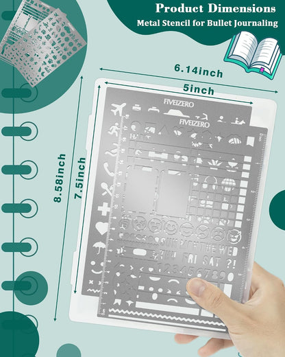 5x7.5 Inch Metal Journal Stencils, Stainless Steel Stencil Bookmark for Bullet Journaling, Reusable Planner Stencils with Faces & Icons for Habit Tracker, Calendar, Diary, Banners, Lists, Scrapbooking