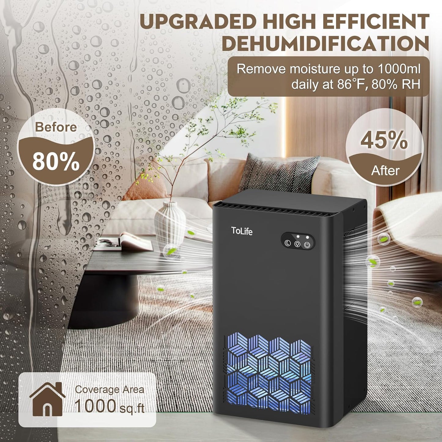 ToLife Dehumidifier for Home, 1000 sq.ft Dehumidifiers for Bedroom Bathroom Basement with 95 OZ Water Tank, Auto Shut Off 7 Colors LED Light, White Black