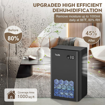 ToLife Dehumidifier for Home, 1000 sq.ft Dehumidifiers for Bedroom Bathroom Basement with 95 OZ Water Tank, Auto Shut Off 7 Colors LED Light, White Black
