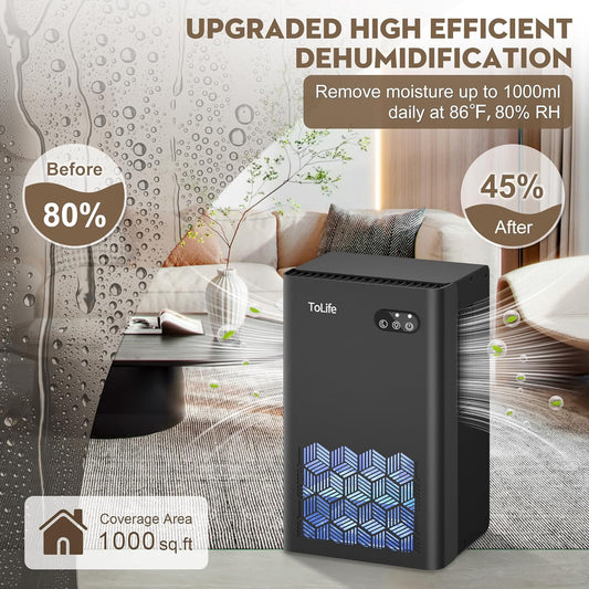 ToLife Dehumidifier for Home, 1000 sq.ft Dehumidifiers for Bedroom Bathroom Basement with 95 OZ Water Tank, Auto Shut Off 7 Colors LED Light, White Black