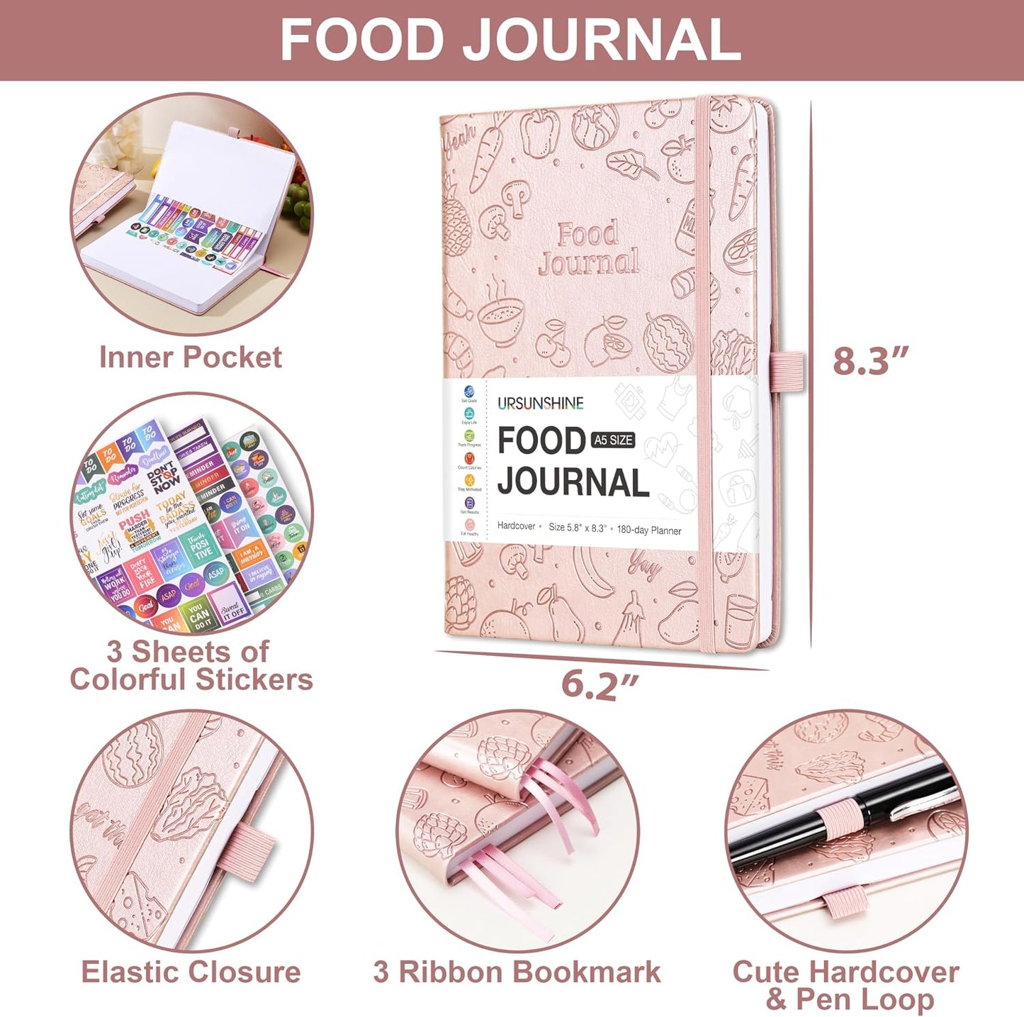 Food Journal - Journal for Women Weight Loss, 5.8" x 8.3", 6 Months Meal Planner to Count Calories Health Journals for Women/Men, Keep Healthy Diet & Achieve Fitness Goals - Rose Gold